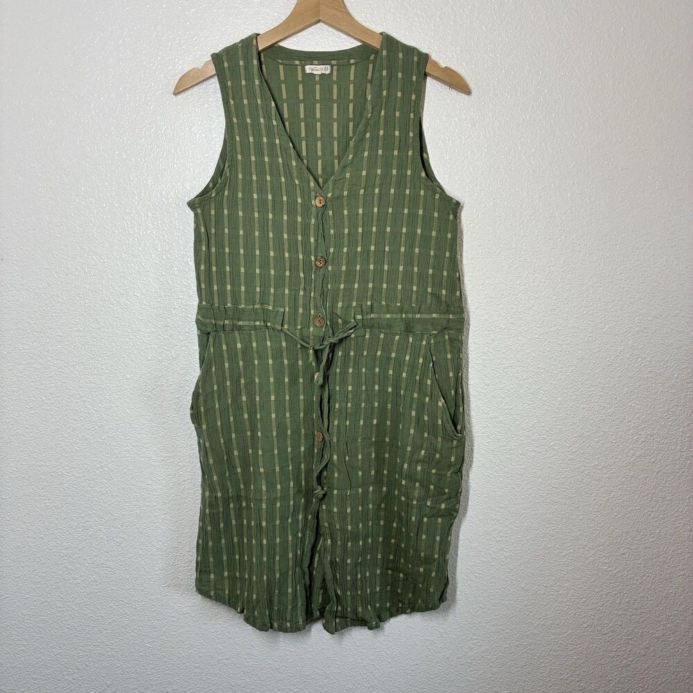 Natura Dress Medium Green Gauze V Neck Button Front Tie Waist Pockets Cotton